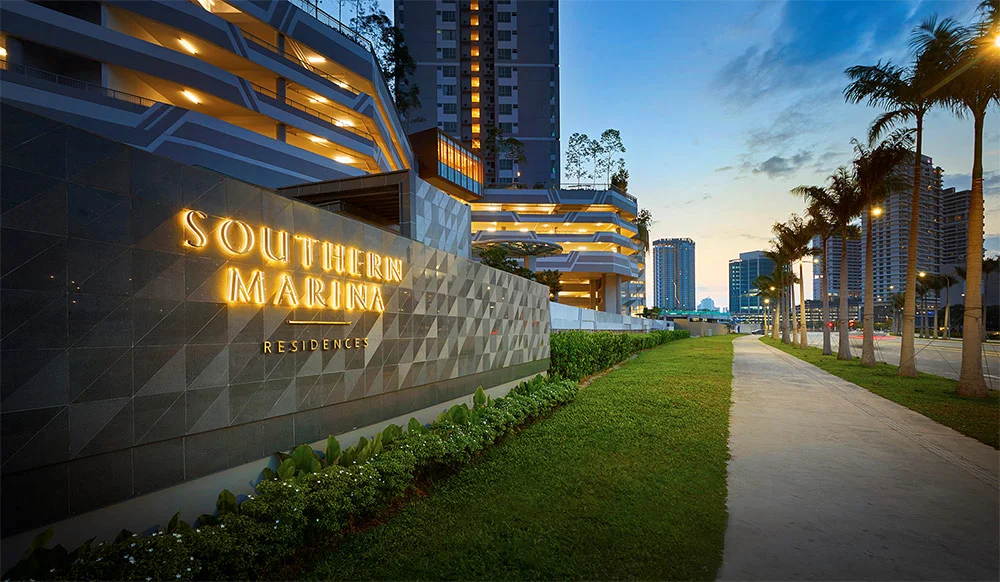 Southern Marina Residences illuminated entrance signage at dusk, Puteri Harbour, Iskandar Puteri